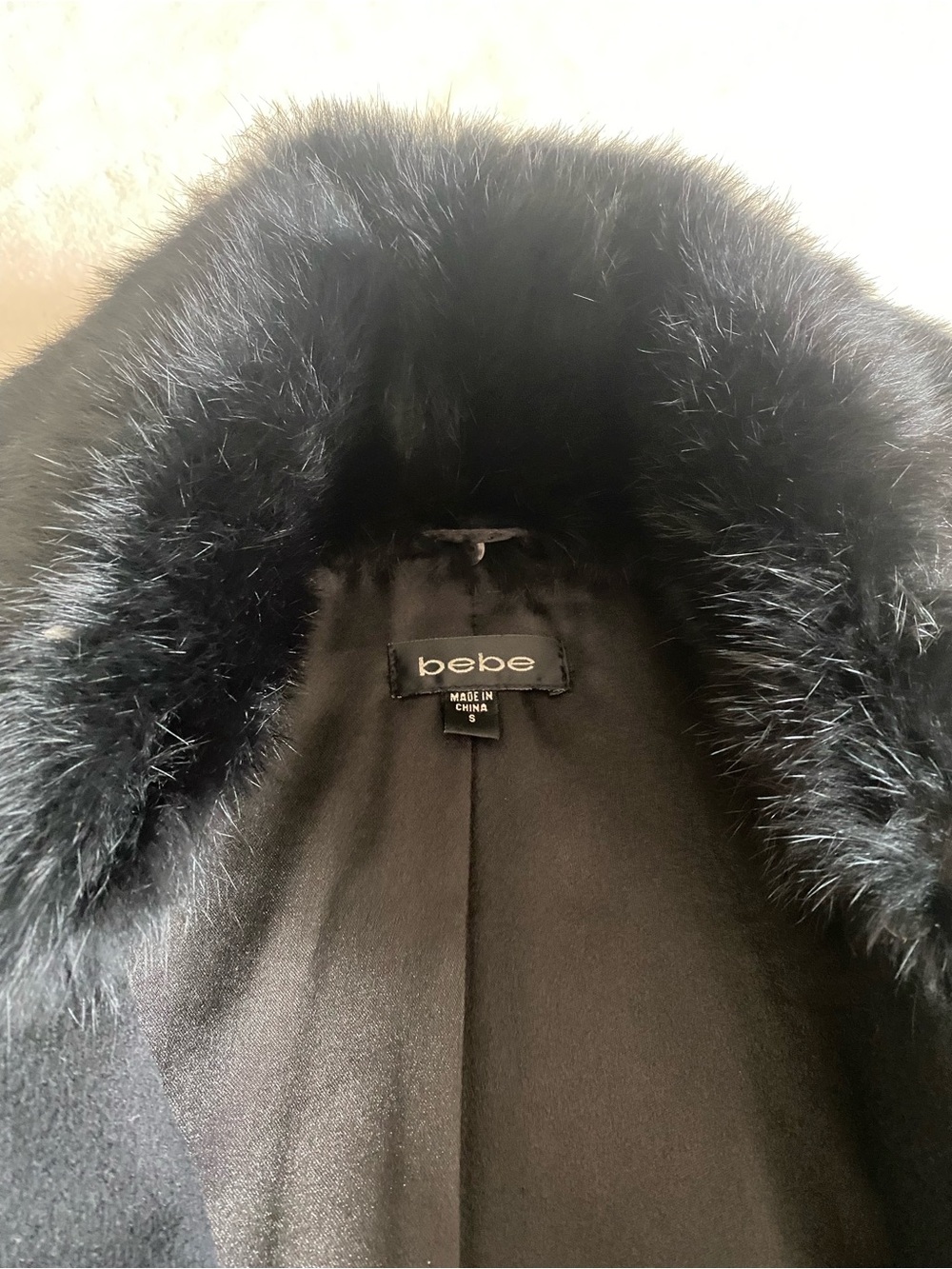 bebe Black Double-Breasted Trench Coat with Faux Fur Collar - Picture 8 of 9